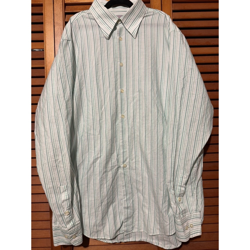 Versace Long Sleeve Button Up Shirt Cotton White Green Stripe Italy 42 16 1/2
